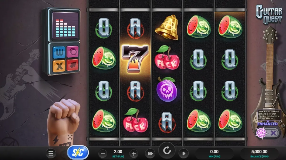 Tampilan visual slot Guitar Quest dengan tema ruang latihan musik yang autentik