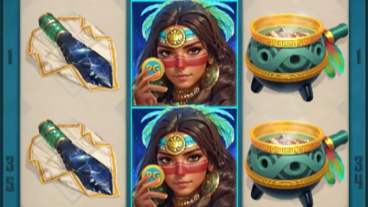 Tampilan antarmuka seluler slot Mayan Destiny dengan latar belakang kuil kuno
