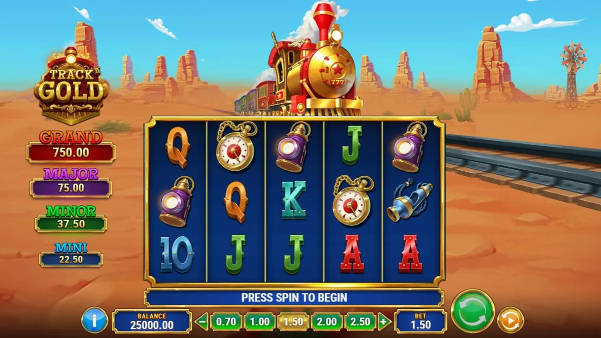 Tampilan visual slot Track’n Gold dengan tema kereta api Wild West